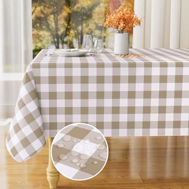 misaya Rectangle Waterproof Vinyl Table Cloth, Buffalo Flannel Backed Tablecloth, Wipeable Plastic Table Cover for Fall, Thanksgiving (52" x 70", Khaki and White) - Image 1