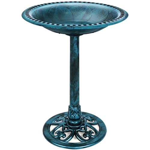 Best Choice Products 28in Pedestal Bird Bath, Vintage Outdoor Resin Accent Decoration w/Fleur-de-Lis Accents - Peacock Blue - Image 1