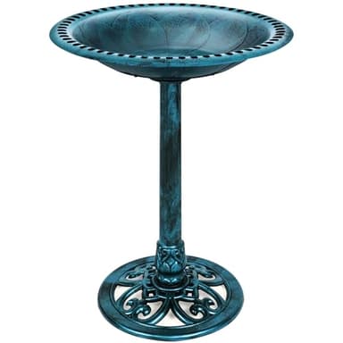 Best Choice Products 28in Pedestal Bird Bath, Vintage Outdoor Resin Accent Decoration w/Fleur-de-Lis Accents - Peacock Blue - Image 1