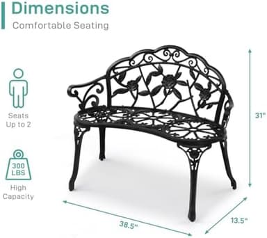 VINGLI 38.5" Patio Park Garden Outdoor Metal Rose Bench,Cast Iron Cast Aluminium Frame Antique Finish Chair,Accented Lawn Front Porch Path Yard Decor Deck Furniture for 2 Person Seat（Black - Image 3