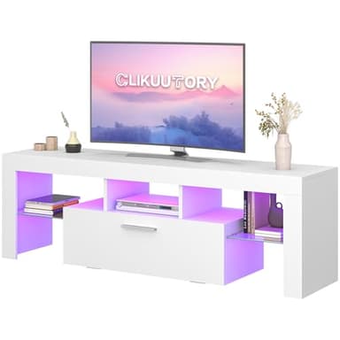 Clikuutory Modern Lighting 51 inch TV Stand with Large Storage Drawer for 32 40 50 55 Inch TVs, TV Console with 20 Color LED Lights, Entertainment Center Media and Open Shelf for Bedroom, White - Image 1