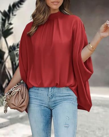 BTFBM Womens Summer Tops 2025 Fall Mock Neck Batwing Sleeve Shirts Loose High Low Hem Oversized Dressy Casual Blouses(Red, Medium) - Image 2