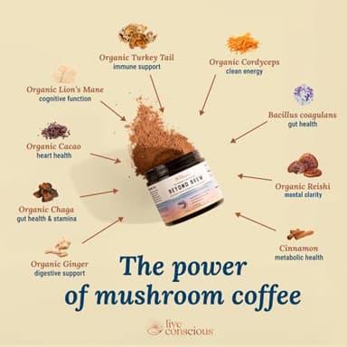 Live Conscious Beyond Brew - Coffee Alternative - Low Caffeine - Mushroom Complex w/Lion’s Mane, Reishi, Cordyceps & Chaga for Sustained Focus, Energy & Immunity - w/Prebiotics & Probiotics - 30 - Image 5