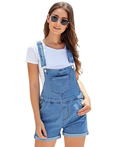 Vetinee Women's Medium Denim Blue Classic Adjustable Straps Cuffed Hem Denim Bib Overall Shorts X-Large - Image 4