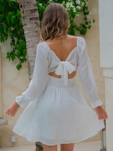 EXLURA Women Tie Back Wedding Guest Dresses Long Lantern Sleeve Square Neck Ruffle Elastic Waist Aline Casual Mini Dress - Image 5