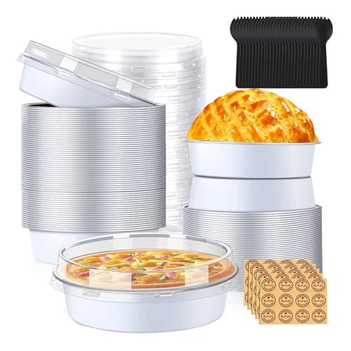 ALEXPRE 50Pcs Pie Tins With Lids 4 Inch 8oz Aluminum Mini Tart Pans Disposable Individual Pie Plate Mini Cake Pans Champagne Small Cake Muffin Pans with Spoons for Tart Pie Quiche Flan- White - Image 1
