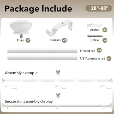 White Curtain Rods for Windows 48 to 84 Inches, 1 Inch Decorative Curtain Rod Set, Adjustable Length Heavy Duty Metal Window Curtain Rod with Brackets - Image 5
