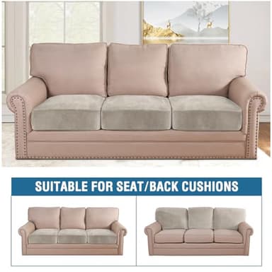 H.VERSAILTEX Velvet Stretch Couch Cushion Cover Plush Cushion Slipcover for Chair Loveseat Sofa Cushion Furniture Protector Seat Cushion Sofa Cover (3 Piece Sofa Cushion Covers, Oatmeal) - Image 3