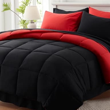 Anluoer Queen Comforter Set 7 Piece, Reversible Bed in a Bag Queen Size, Lightweight Bedding Set with 1 Comforter(88"*88"), 2 Pillow Shams, 2 Pillowcases, 1 Flat Sheet, 1 Fitted Sheet, Red & Black - Image 1