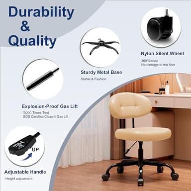 Misolant Vanity Chair with Back, Small Armless Cute Office Chair with Wheels and Lumbar Support, Comfy PU Leather Desk Computer Chairs with Adjustable Height, 360° Swivel for Home Bedroom, Khaki - Image 7