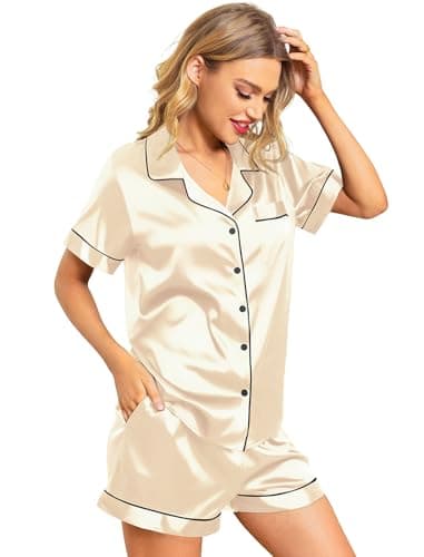 Leikar Satin Pajamas For Women Shorts Set Bride Pajamas Button Down Pjs Loungewear Set L Champagne - Image 3