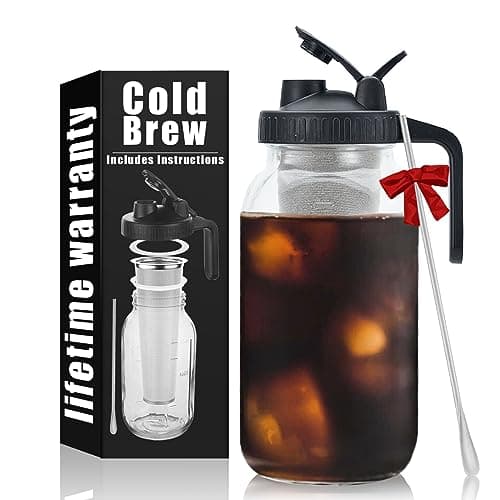 Cold Brew Mason Coffee Maker - 64oz Iced Coffee Pitcher with Stainless Steel Mixing Spoon & Super Dense Filter 3 Steps Finish Cold Brew Coffee, Classic BPA Free Sturdy Mason jar Pitcher Easy to Clean - Image 1