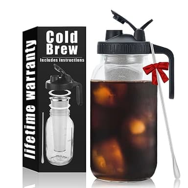 Cold Brew Mason Coffee Maker - 64oz Iced Coffee Pitcher with Stainless Steel Mixing Spoon & Super Dense Filter 3 Steps Finish Cold Brew Coffee, Classic BPA Free Sturdy Mason jar Pitcher Easy to Clean - Image 1