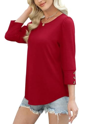 3/4 Length Sleeve Womens Tops Dressy Casual Blouses Christmas Valentine's Day Thanksgiving Shirts Plus Size Summer Clothes Flowy Solid Red 3XL - Image 4