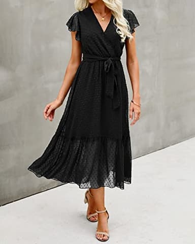 BTFBM Women Summer Bohemian Floral Casual Wrap V Neck Ruffle Cap Sleeveless Belt A-Line Pleated Hem Swing Midi Sun Dress (Swiss Dot Black, x_l) - Image 4