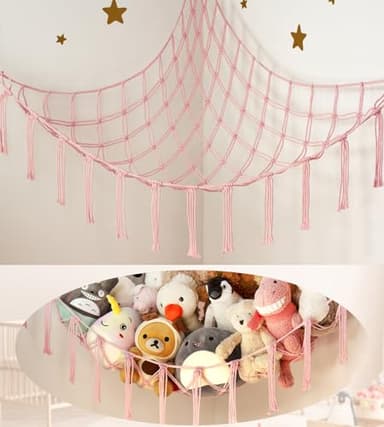 Large Stuffed Animal Storage Hammock Corner Net - Pink Room Decor for Teen Girls - Toys Storage Hanging Stuff Animal Organizer Holder Cute Stuff - Boho Nursery Dorm Bedoom Decor Aesthetic - Image 1