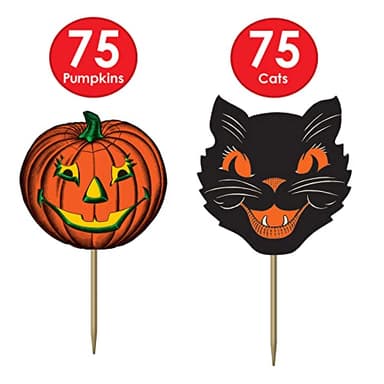 Paper Vintage Halloween Party Food Picks Cat Pumpkin Cupcake Toppers Pack of 3 - Image 2