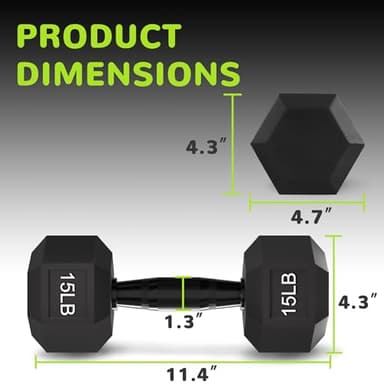 Fitvids Rubber Encased Exercise & Fitness Hex Dumbbell, Hand Weights with Anti-Slip Metal Handle for Home Gym, Multiple Sizes, 15LB Pair - Image 2