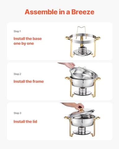 VEVOR Chafing Dish Buffet Set, 5 Qt 4 Pack, Stainless Steel Chafer with 4 Full Size Pans, Round Catering Warmer Server with Lid Water Pan Folding Stand Clip, for Weddings Parties Banquets, Gold - Image 5