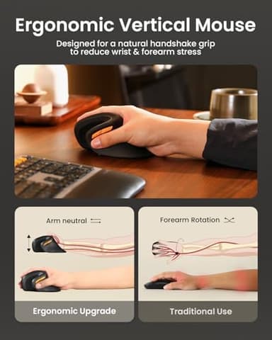 ProtoArc Ergonomic Mouse, EM11 NL Bluetooth Rechargeable Wireless Vertical Mouse, 3 Multi-Device Connectivity for Computer/PC/Laptop, 2.4GHz Optical Mice for Windows, Mac OS, Black - Image 7