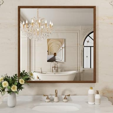 WEER Bathroom Mirror, 36x36 Inch Wall Mirror, Walnut Wood Grain Framed Mirror, Rectangle Vanity Mirror, Tempered Glass, Anti-Rust, Hangs Horizontally or Vertically - Image 1