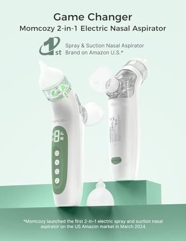Momcozy BreezyClear™ 2-in-1 Electric Nasal Aspirator for Baby with Spray, 65kPa Hospital-Grade Suction, 4 Adjustable Levels, Quiet & Portable Nose Cleaner with Soothing Light & Music - Image 7