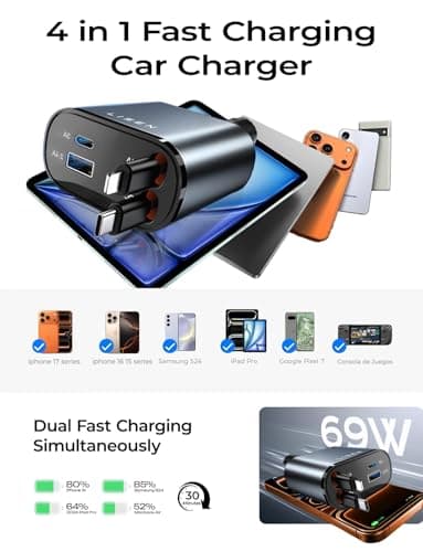LISEN Retractable Car Charger for iPhone 17, 69W USB C Car Accessories Adapter USB C Charger Fast Charging, Gifts for Women Men, Travel Essentials, for iPhone 17 Pro Max Air 16 15 14 13 12 Samsung S25 - Image 7