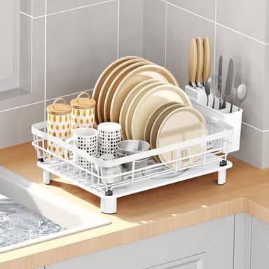 GAXmi Dish Drying Rack Over The Sink Dish Drainer with Drainboard Utensil Holder, 1-Tier White - Image 1