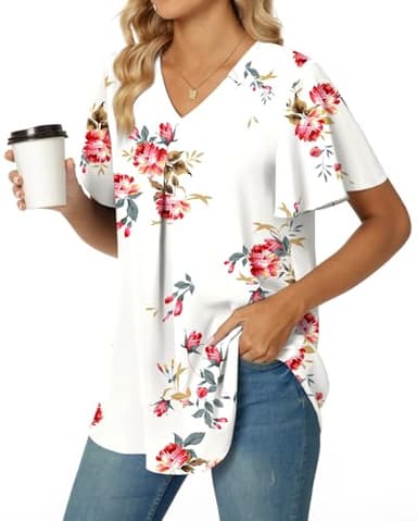 Anyally Women's Summer Dressy Chiffon Blouses V Neck Ruffle Short Sleeve Tunic Tops for Leggings Casual T-Shirts, XL Floral White - Image 3
