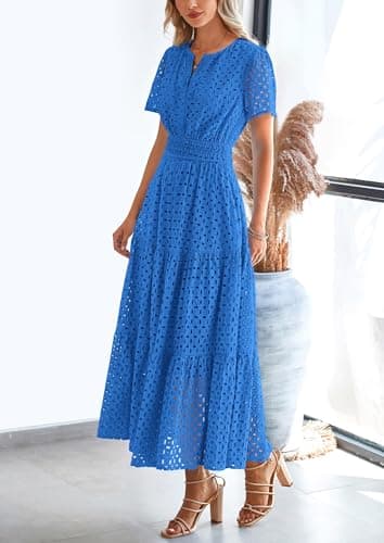 PRETTYGARDEN Womens 2025 Summer Maxi Dress Short Sleeve V Neck Hollow Out Eyelet A Line Long Flowy Beach Vacation Dresses (Blue,Large) - Image 3