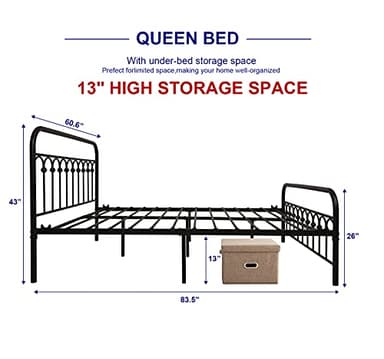 TUSEER Metal Bed Frame Queen Size with Vintage Headboard and Footboard Platform Base Wrought Iron Bed Frame (Queen,Black) - Image 2
