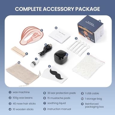 AUZEAL Nose Wax Kit Men, Nose Ear Hair Waxing Kit with 100g Wax, 40 Sticks, Nose Ear Hair Removal Kit, USB Fast Heat, Smart Constant Temp, Upgraded Size, Multi-Accessories, Black - Image 9