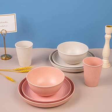 LIYH 32pcs Wheat Straw Dinnerware Sets for 8 Pink Plastic Plates and Bowls Sets,Plastic Plates Reusable,Dishwasher Freezer Safe (Pink Beige) - Image 5