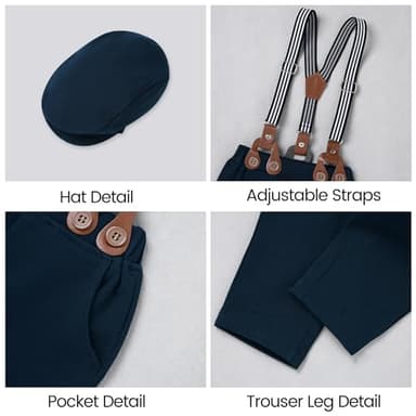 YALLET Baby Boy Clothes Suit, Infant Gentleman Outfits Dress Shirt+Bowtie+Beret Hat+Detachable Suspender Pants（Dots, 3-6 Months） - Image 5