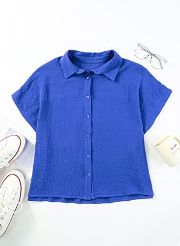 Dokotoo Stylish V Neck Cotton Shirt for Women - Batwing Short Sleeve, Loose Fit Tunic Top, Blue L - Image 3