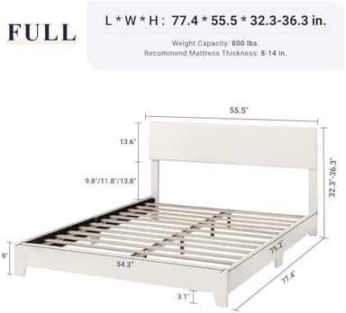 Allewie Full Size Bed Frame with Adjustable Headboard, Faux Leather Platform Bed with Wood Slats, Heavy Duty Mattress Foundation, No Box Spring Needed, Noise-Free, Easy Assembly, White - Image 3