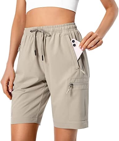 Women's Lightweight Hiking Cargo Shorts Quick Dry Athletic Shorts for Camping Travel Golf with Zipper Pockets Water Resistant Khaki - Image 1