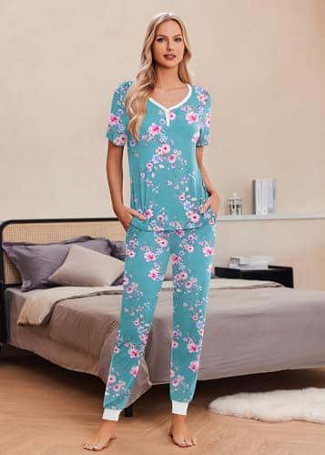 Ekouaer Pajamas for Women Set 2 Piece Lounge Set Short Sleeve Pjs Joggers Long Pants Sleepwear with Pockets - Image 4