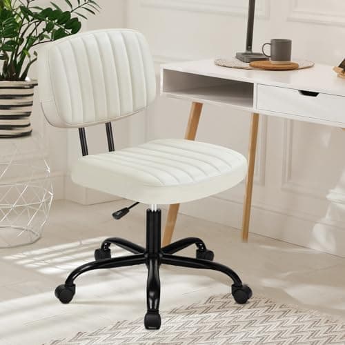 DUMOS Armless Home Office Desk Chair -Small Ergonomic with Low Back Lumbar Support, Height Adjustable PU Leather Computer Task with 360° Swivel Rolling Wheels, for Small Space, Beige White - Image 1