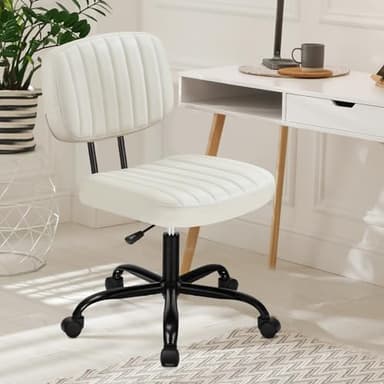 DUMOS Armless Home Office Desk Chair -Small Ergonomic with Low Back Lumbar Support, Height Adjustable PU Leather Computer Task with 360° Swivel Rolling Wheels, for Small Space, Beige White - Image 1