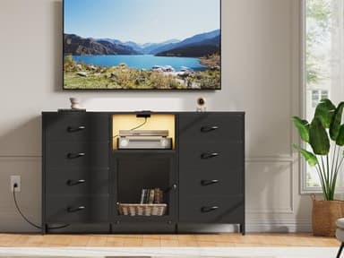 𝟓𝟑-𝐈𝐧𝐜𝐡 Dresser TV Stand for Bedroom for TV with LED Lights and Charging Station, Fabric Chest of Drawers, 8 Fabric Drawers, Wood Top, Living Room, Closet Black - Image 2
