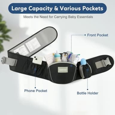 Safotad Baby Carrier with Hip Seat, Ergonomic Front Carrier for Newborns & Toddlers, Adjustable Waistband with Strong Support, Large Pocket Design, Black - Image 3
