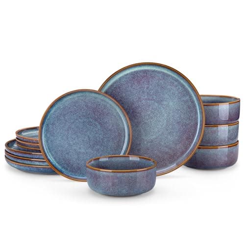 vancasso PLAYA Plates and Bowls Sets, 12 Pieces Grey-Blue Dinnerware Sets for Kitchen, Reactive Glaze Dishes Set for 4, Dishwasher and Microwave Safe - Image 1