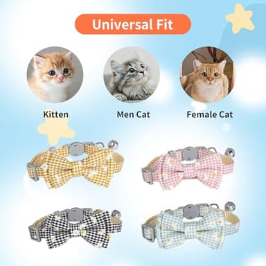 AIITLE Breakaway Cat Collar with Cute Bow Tie and Bell, Detachable Adjustable Daisy Cat Collars for Girl Cats and Boy Cats, Kittens, Puppy, Soft Stylish Plaid Patterns Cat Collars Green - Image 3