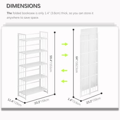 4NM No Assembly 5 Tiers Folding Bookshelf, 59.4" H Foldable Storage Shelves Vintage Bookcase Standing Racks Study Organizer Home Office - All White - Image 3