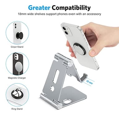 OMOTON Foldable Cell Phone Stand, C4 Portable Aluminum Phone Holder, Adjustable Phone Dock Cradle Compatible with iPhone 16/15/14 Pro Max, Samsung Galaxy, Small Tablets and Other Phones, Grey - Image 7