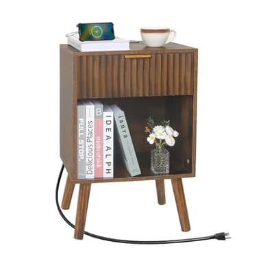 Fultyle Mid Century Modern Nightstand with Charging Station, Modern Bedside Table with Fluted Drawer and Storage Shelf, End Side Tables Living Room for Bedroom, Office (Rustic Brwon) - Image 1