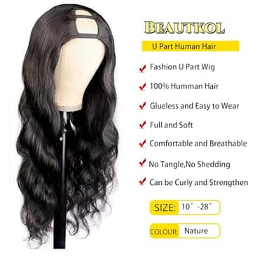 U Part Human Hair Wig Body Wave 18 Inch Brazilian Virgin Hair Glueless Wigs 100% Real Human Hair 180% density U Part Wig for Black Women U Part Wig Human Hair Upart Half Wig Natural Black Color - Image 2