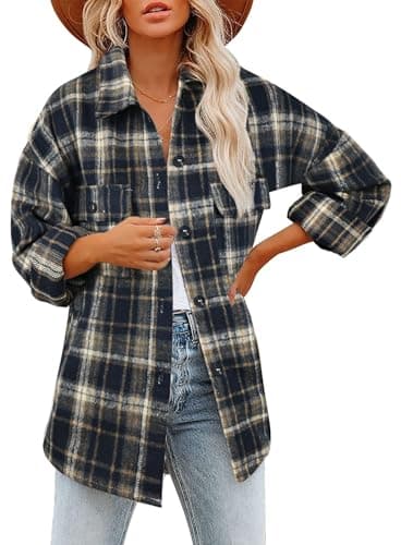 Beaully Women's Flannel Plaid Shacket Long Sleeve Button Down Shirts Jacket Coats with Side Pockets 6017F Dark Blue Black XL - Image 1