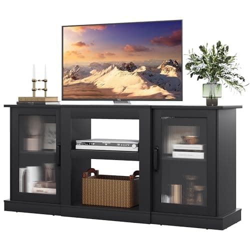WLIVE Retro TV Stand for 65 inch TV, TV Console Cabinet with Storage, Open Shelves Entertainment Center for Living Room and Bedroom, Black - Image 1